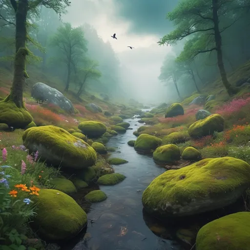 Prompt: (mysterious forest scene), surrealism style, a river running through the forest, scattered (moss-covered boulders), (wild flowers), foggy and misty, bright cloudy day sky, birds in the sky, vibrant colors, high depth cinematic masterpiece, ethereal and mysterious atmosphere, ultra-detailed background, complex natural scenery, HD, 4K quality, dramatic lighting, dynamic composition, luminescent glow.