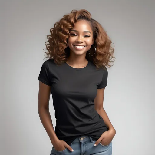 Prompt: photorealistic, realism style, a smiling caramel-skinned African American woman, long body wave hair, modeling a plain  fitted black crewneck T shirt, simple and elegant fashion, soft lighting enhancing her features, white background creating a clean and minimalist feel, high quality, ultra-detailed, capturing warmth and confidence, relaxed pose, fashion photography, contemporary vibe.