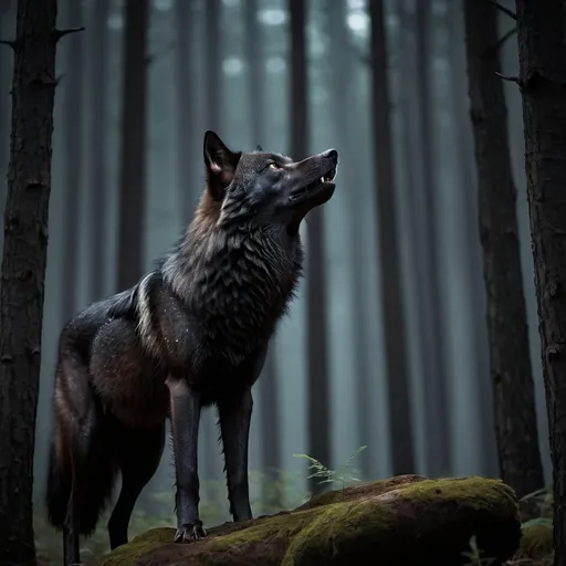 Prompt: aggrieve black wolf in the dark forest looking to the sky,  