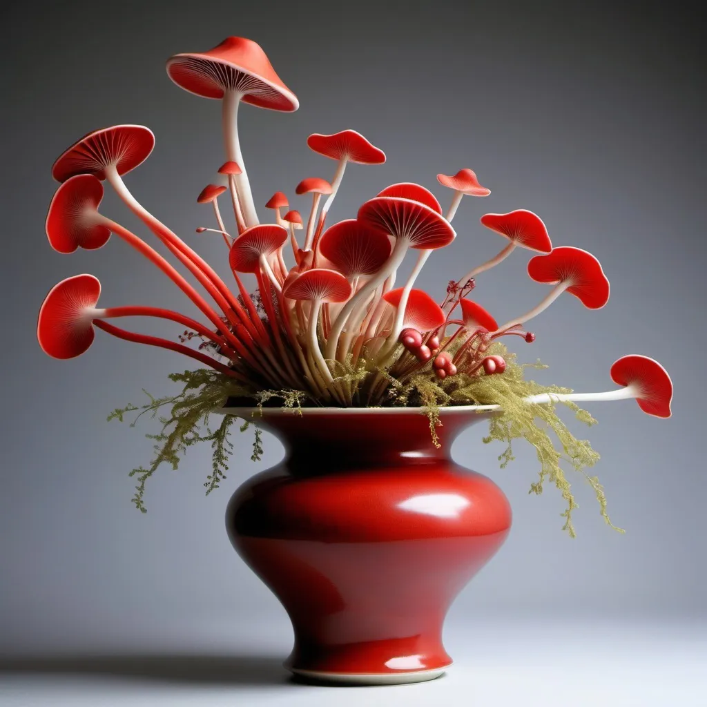 Prompt: strangest mushroom flowers and vegetables composed as an ikebana inside an ancient porcelain pottery ikebana vase, all in different delicate red colored hues