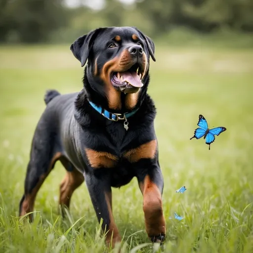 Prompt: Roman rottweiler with a blue collar 
playing with butterflies in the grass