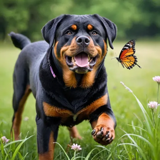 Prompt: rottweiler playing with butterfly in the grass outside