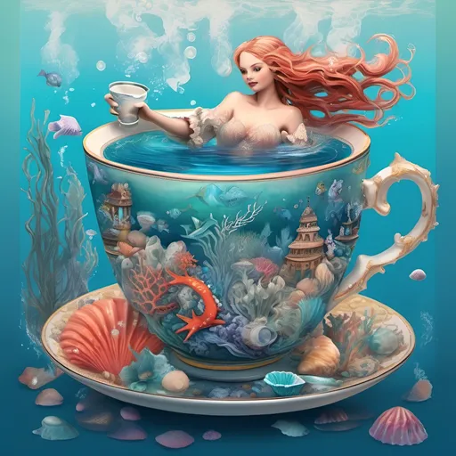 Prompt: A fantastical scene featuring a mermaid breaching from a teacup filled with ocean water. The teacup is ornately designed, with intricate patterns and coral embellishments. Sea waves spill out, creating a surreal underwater world. Colorful coral and seashells decorate the base, with bubbles rising around. The background depicts an ethereal underwater landscape with mountains. The overall mood is whimsical, blending marine life with a cozy teacup setting, creating a surreal visual blend."