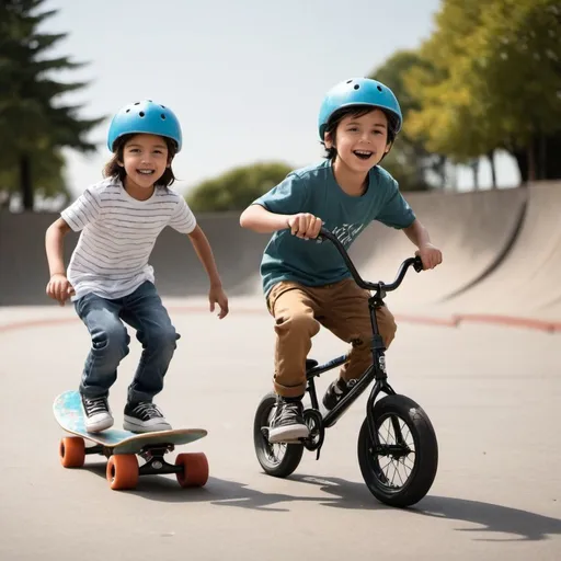 Prompt: create an image of kids riding bicycles and skateboards