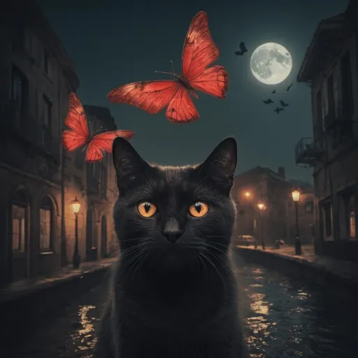 Prompt: Scary old city on the sea. Three black butterflies. One scary ghost speaks to one red cat with wings.