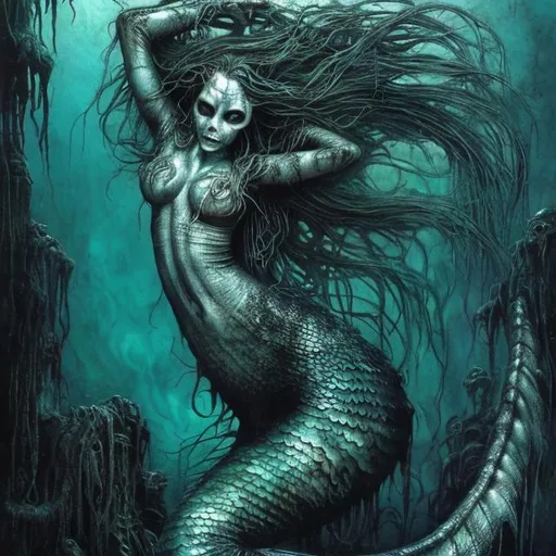 Prompt: Scary mermaid, Hans Giger art style, bio-organic textures, gory details, eerie underwater setting, high contrast, surreal, dark and moody, detailed scales, disturbing facial features, haunting eyes, best quality, highres, ultra-detailed, horror, surrealism, bio-organic, eerie lighting