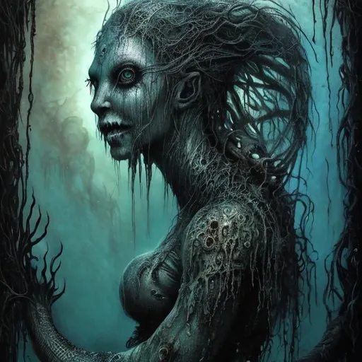 Prompt: Scary mermaid, Hans Giger art style, bio-organic textures, gory details, eerie underwater setting, high contrast, surreal, dark and moody, detailed scales, disturbing facial features, haunting eyes, best quality, highres, ultra-detailed, horror, surrealism, bio-organic, eerie lighting