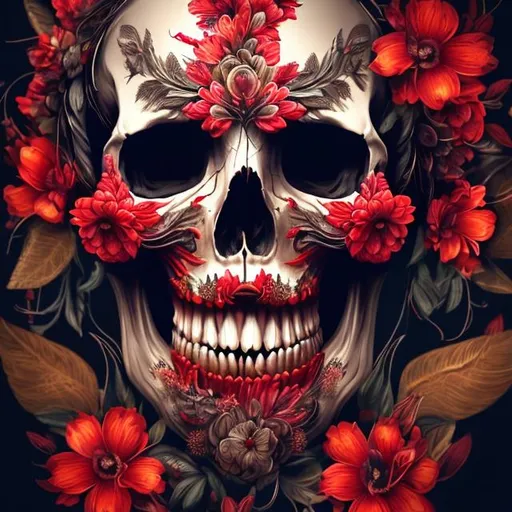 Prompt: Skull adorned with vibrant red flowers, floral decoration, single flower in teeth, high quality, detailed painting, realistic, vibrant colors, dramatic lighting