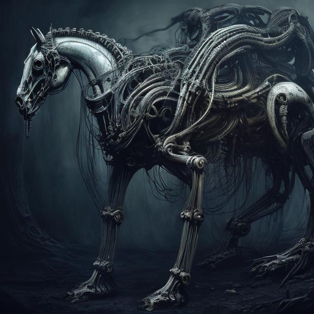 Prompt: Scary horse in H.R. Giger style, eerie biomechanical details, long flowing mane, high-contrast shadows, surreal, haunting atmosphere, detailed anatomy, dark and moody, nightmarish, best quality, highres, surrealism, biomechanical, eerie lighting