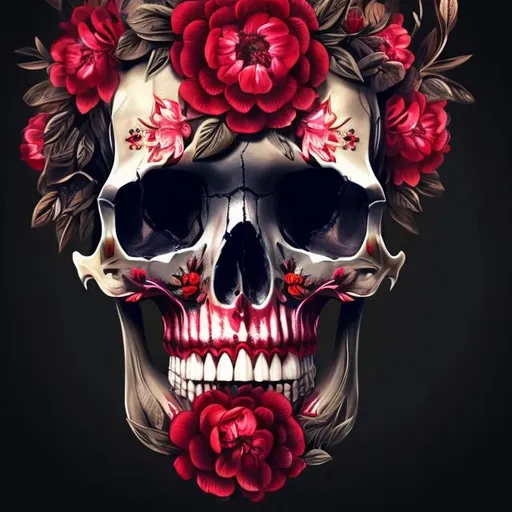 Prompt: Skull adorned with vibrant red flowers, floral decoration, single flower in teeth, high quality, detailed painting, realistic, vibrant colors, dramatic lighting