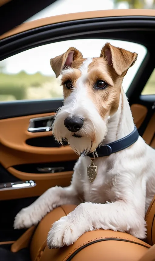 Prompt: (wire fox terrier), stunning (Aston Martin DB9) interior, relaxing ambiance, dog savoring a martini, classy and elegant vibe, luxurious car details, soft natural light enhancing plush upholstery, warm color tones, lavish scene, capturing a sophisticated moment, high quality, ultra-detailed, vibrant and crisp surroundings, playful yet refined expression.