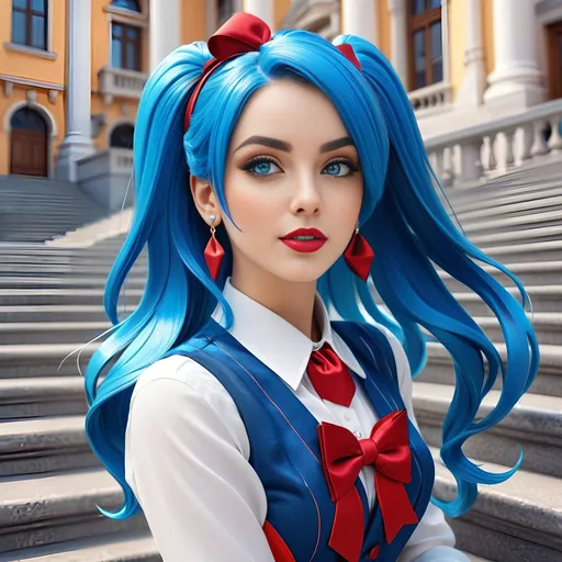 Prompt: a woman with blue hair and big blue eyes and a bow tie is posing for a picture in front of some stairs and buildings, Aya Goda, neogeo, cosplay, a character portrait, 3d, ultra HD,