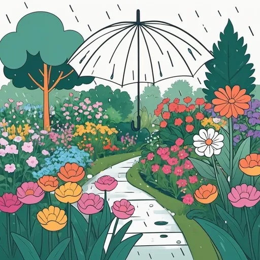 Prompt: minimalist outline art for rainy weather in beautiful and colourful flowers in garden