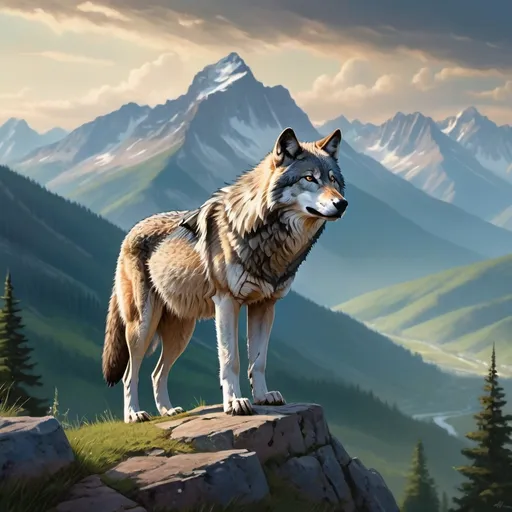 Prompt: beautiful and big mountains with a wolf standing on them. his back feet on the hill and his back feet are on the air toward the sky.