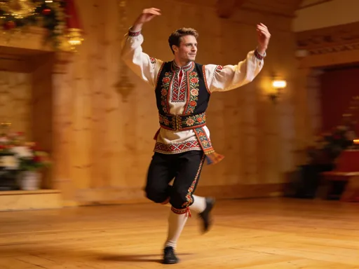 Prompt: Robert Hovland dancing Norwegian folk dance on his own
