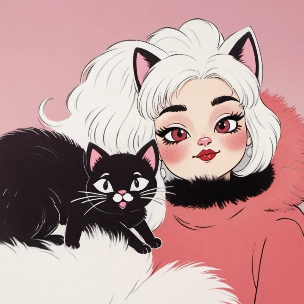 Prompt: not human  cartoon animal, cartoon cat, cute girl, white, red lips, bunny ears, 2d 80's makeup, fluffy eyelashes, lines, old Disney style. Cartoon cat from the 70s, long eyelashes, red lipstick, white fur, picture 2D Acrylic paint