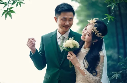 Prompt: Wedding photos, portrait photography, forest wedding dress,ream color, an elegant chinese couple,one wearing an elegant white wedding dress and exquisite headgear,
the other wearing a formal suit, smiling,the two people look at the camera, plants, flowers, forests,light gold and dark green, romantic