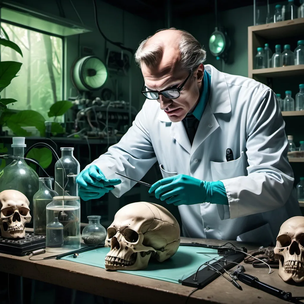 Prompt: Evil scientist working on a skull in a  musky lab in the jungle