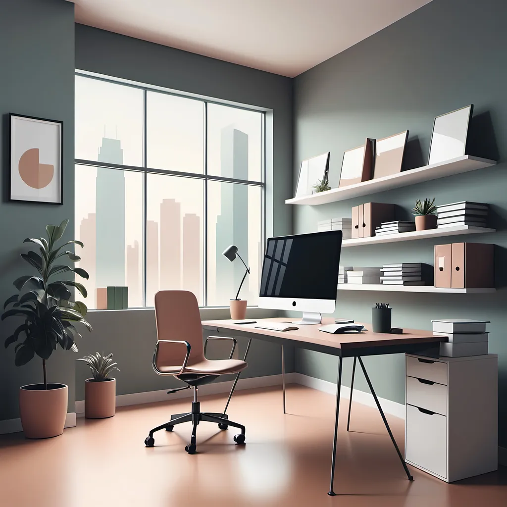 Prompt: Vector style image of a modern office workspace, clean lines, and muted colors.
