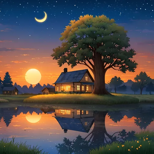 Prompt: The image shows a peaceful evening scene with a cozy house nestled in nature. The sky is a beautiful mix of deep blues and warm oranges, indicating either sunset or sunrise. Stars are starting to appear, and a crescent moon is visible. The house is warmly lit, creating an inviting glow. A large tree stands beside the house, adding to the serene atmosphere. In front of the house, there’s a pond or wetland area reflecting the colors of the sky. This scene captures the tranquility of rural life and the beauty of natural transitions like dusk or dawn.