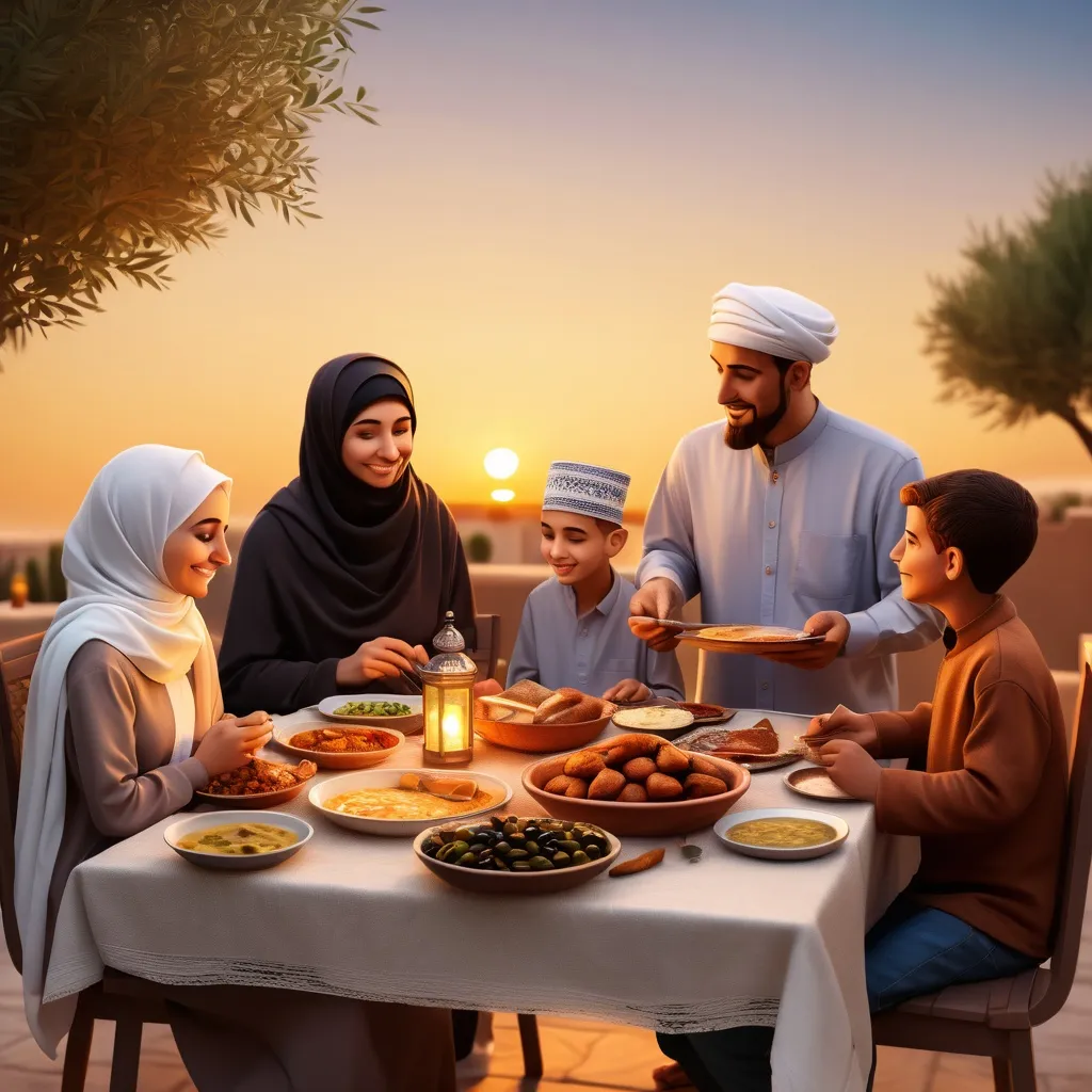 Prompt: Une famille réunie autour d'une table simple en plein air, avec des plats traditionnels du Ramadan (dattes, soupe, pain, olives), un coucher de soleil chaud en arrière-plan, ambiance chaleureuse et conviviale, style réaliste, lumière naturelle, détails authentiques."