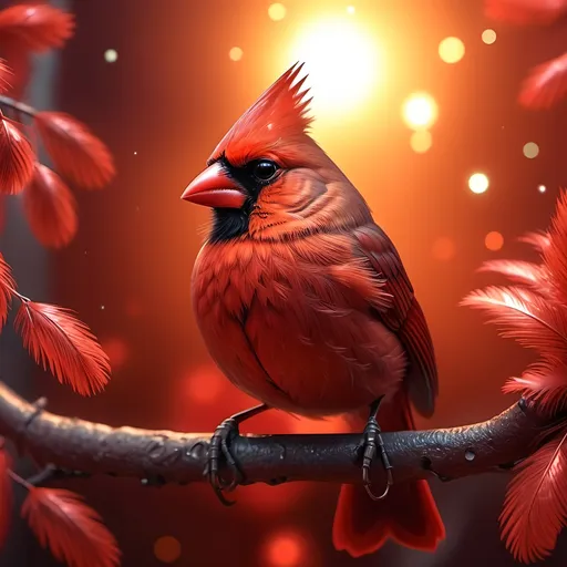 Prompt: (4K) beautiful red cardinal, vibrant colors, warm tones, detailed feathers, Bitcoins shimmering in the background, sparkling golden hues, contrasting the cardinal's rich red, technoatmosphere, inviting yet intriguing vibe, ultra-detailed composition, crisp and clear, tranquil techno setting, blending wildlife with digital currency theme.