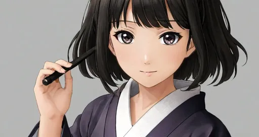 Prompt: anime girl with a style reminiscent of anime: she has big, bright eyes, a deep dark color that contrasts with her light skin and her jet black hair, which falls in soft waves to her shoulders. His expression is friendly and curious, with a gentle smile lighting up his face.
This girl wears traditional Japanese kimono