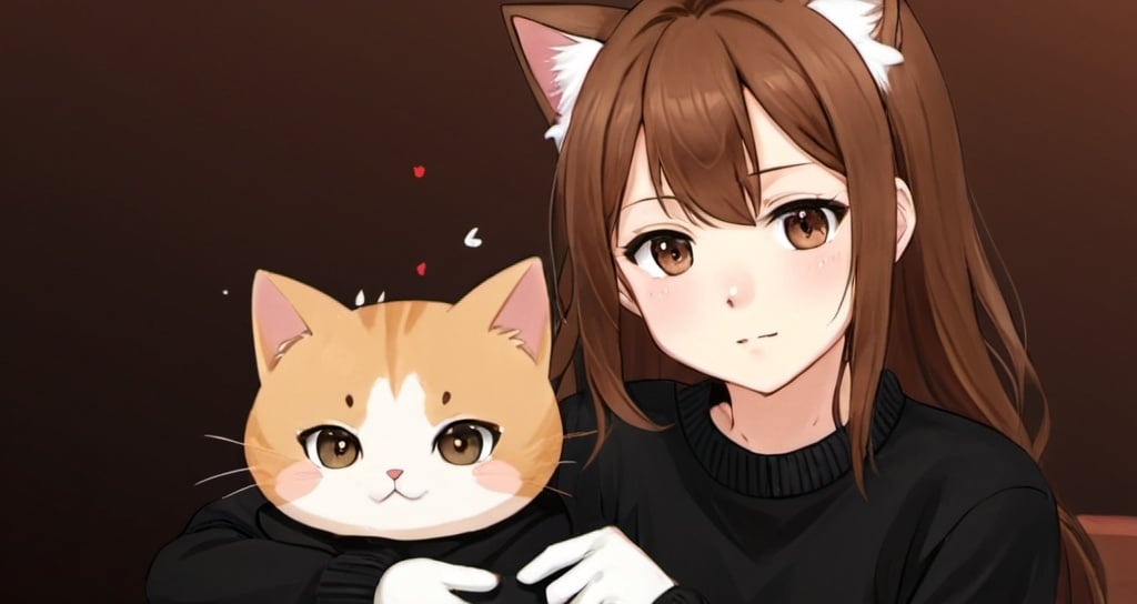 Prompt: Anime illustration of a young girl with brown hair, white skin, small and slanted brown eyes, cat ears, wearing a black sweater with cat face, gloves with cat paw design, sitting on the lap of an anonymous boy, high quality, anime style, cute tones, detailed eyes, cat-themed attire, cozy atmosphere