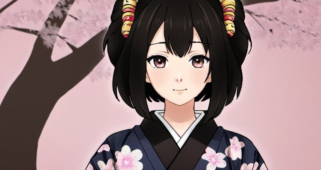 Prompt: anime girl with : she has big, bright eyes, a deep dark color that contrasts with her light skin and her jet black hair, which falls in soft waves to her shoulders. His expression is friendly and curious, with a gentle smile lighting up his face.
This girl wears traditional Japanese kimono