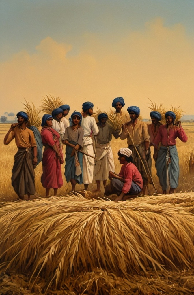 Prompt: Gujarati banjara gypsy family working in a rice field . side profile view in the style of william hodges painting style