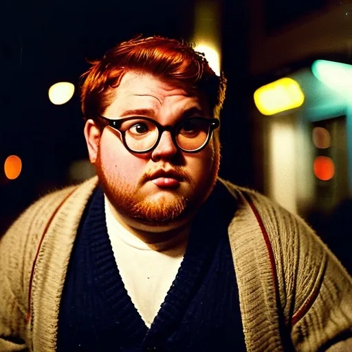 Prompt: Analog film photography still, Picture of a young chubby man, serious eyes, glasses, short red hair, beard, vintage cardigan,  jeans, running at night