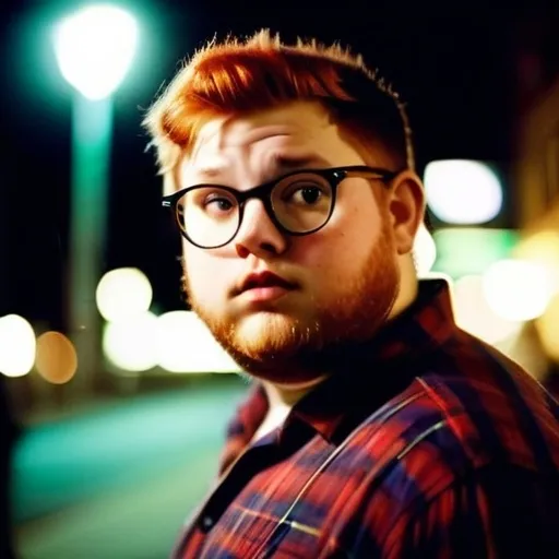 Prompt: polaroid photo of a chubby young man, serious eyes, short red hair, beard, glasses, hipster, clothing, running at night, contrast lighting,photo realistic, 