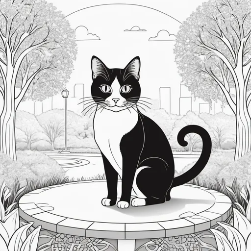 Prompt: cat in the park, simple black and white coloring book art, for ebook mandalas