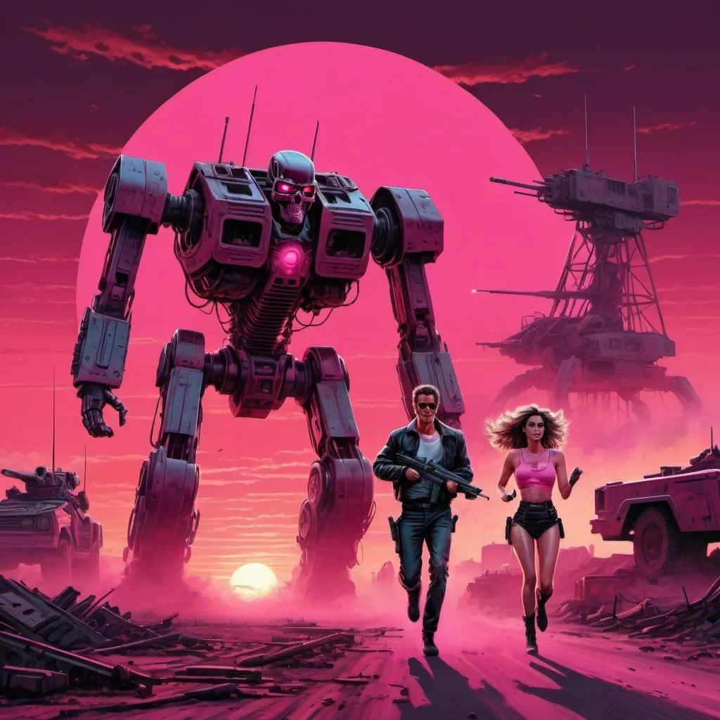 Prompt: 80s retro dystopian scene with pink and red sunset with a large terminator machine and gun with a woman and man running for their lives