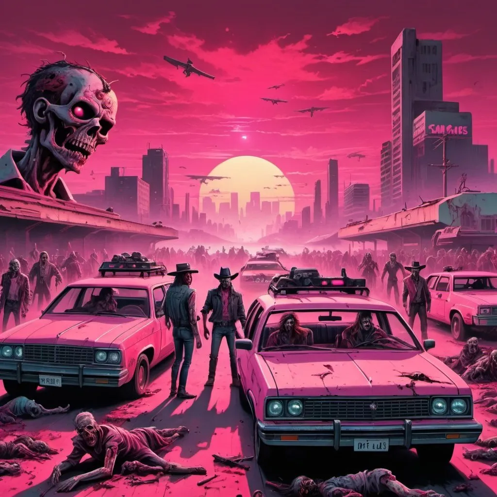 Prompt: 80s retro dystopian scene with pink and red sunset vehicles in the background with zombies and cowboy with guns 