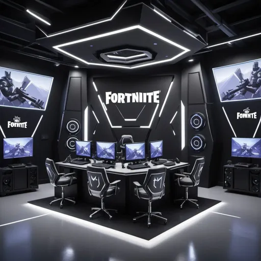 Prompt: Cool Fortnite gaming organization in silver and black, sleek logo with 'SLVR' in the middle, futuristic gaming setup, high-tech equipment, professional esports arena, futuristic lighting, detailed design, highres, futuristic, professional, cool tones, sleek design, esports, gaming setup, atmospheric lighting