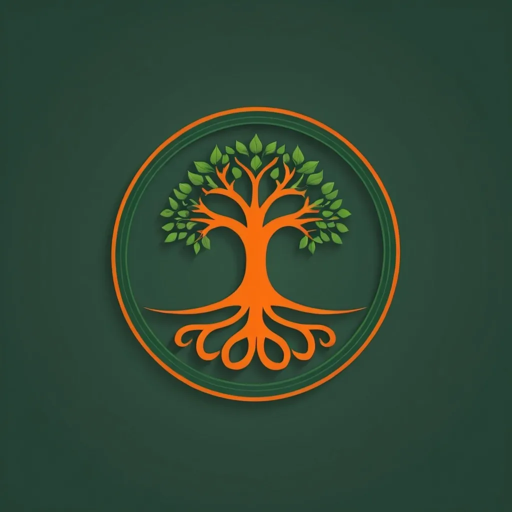 Prompt: logotipo para site de genealogia, com esfera armilar portuguesa, fundo verde escuro, árvore cor de laranja