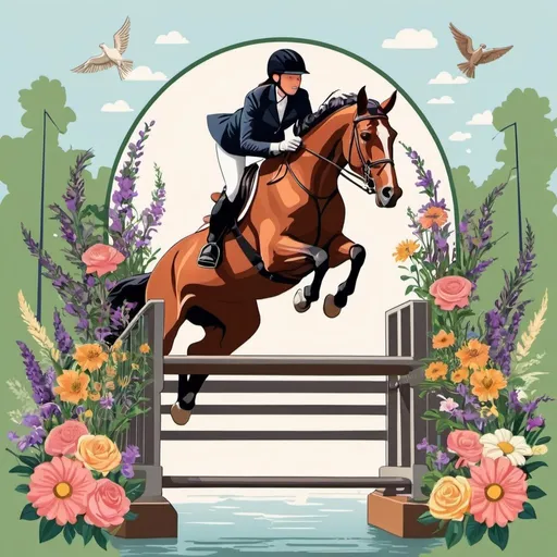 Prompt: equestrian horse jumping over bridge full color poster with flowers and plants in a modern emblem