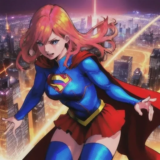 Prompt: Supergirl flying over a futuristic city, high-quality 4k resolution, superhero comic art style, vibrant colors, dynamic pose, flowing red cape, intense and determined expression, futuristic skyscrapers below, city lights casting a golden glow, detailed hair and costume, powerful and impactful, comic art, vibrant colors, vibrant and dynamic lighting