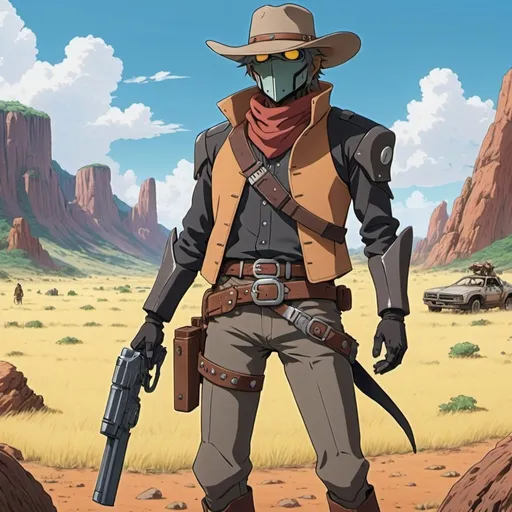 Prompt: A anime about a futuristic bounty hunter who goes back in time and gets stuck in the wild west in the style of studio ghibli 