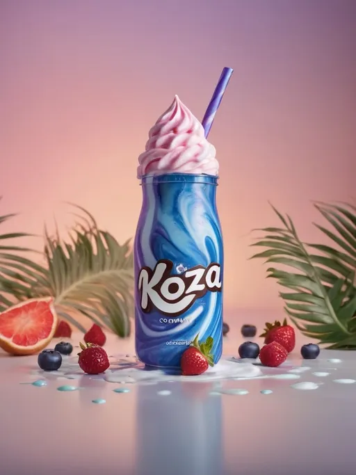Prompt: Blueberry milkshake with vibrant swirls, KOZA company logo subtly blended in, highres, detailed frothy texture, vivid colors, refreshing summer vibe, realistic rendering, cool tones, professional lighting, logo integration, delicious swirls, vibrant presentation