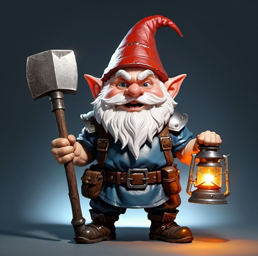 Prompt: A pumped-up gnome with a pickaxe, a shovel, a hammer and in armor with a lantern in his hands