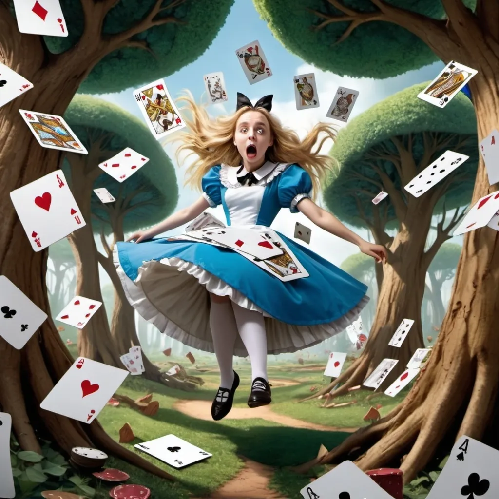 Prompt: Alice from Alice in wonderland is falling down in the center of the frame, a huge swirl of tree around her, some small playing cards on the trees, in cartoon 
style