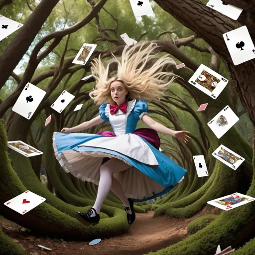 Prompt: Alice from Alice in wonderland is falling down in the center of the frame, a huge swirl of tree around her, some small playing cards on the trees, in Disney style