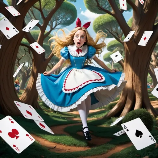 Prompt: Alice from Alice in wonderland is falling down in the center of the frame, a huge swirl of tree around her, some small playing cards on the trees, in Disney cartoon style