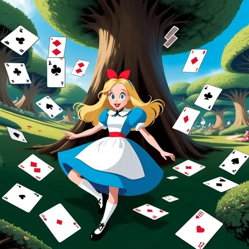 Prompt: Alice from Alice in wonderland is falling down in the center of the frame, a huge swirl of tree around her, some small playing cards on the trees, in Disney cartoon style