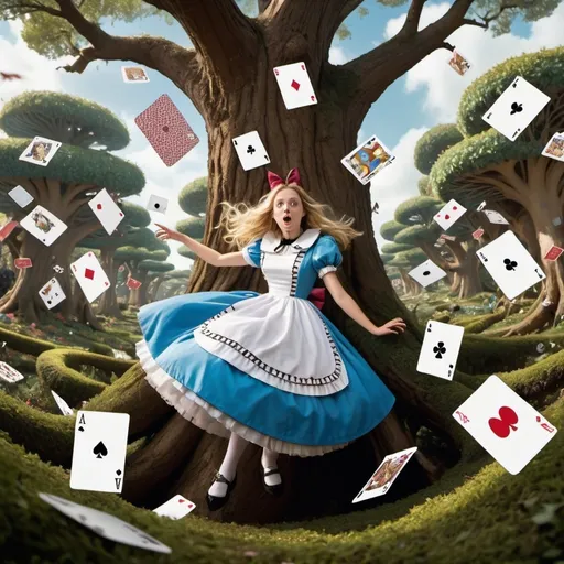 Prompt: Alice from Alice in wonderland is falling down in the center of the frame, a huge swirl of tree around her, some small playing cards on the trees, in Disney style