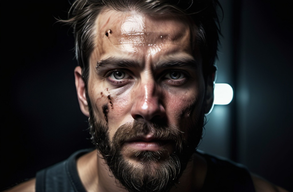 Prompt: One site says, "Create a cinematic close-up of a man with a scar on his face and a beard, with sweat visible on his face, in mood lighting. The background is dimly lit, adding dramatic contrast to the glow of a fluorescent tube light. The expression conveys quiet perseverance and is perfect for an atmosphere of resilience, hard work, and determination. The overall color palette should include cool blues and muted tones to enhance the depth of emotion."