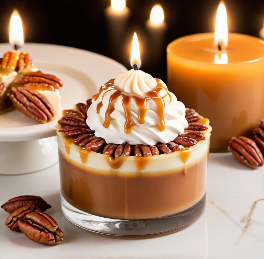Prompt: A caramel pecan pie candle with pecans, whipped frosting and a caramel drizzle that looks real enough to eat.