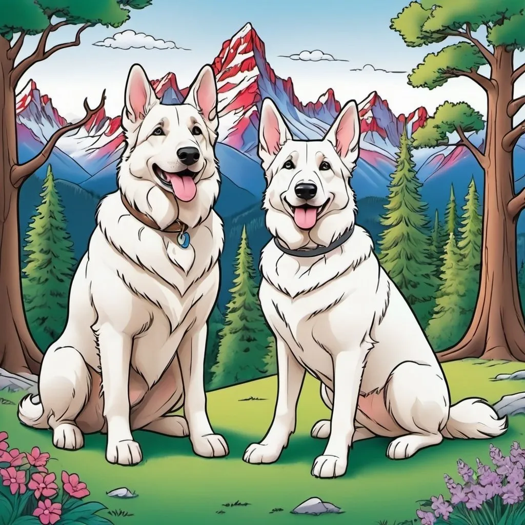Prompt: disney inspirated coloring contour with white swisss shepherds with mountain and trees background